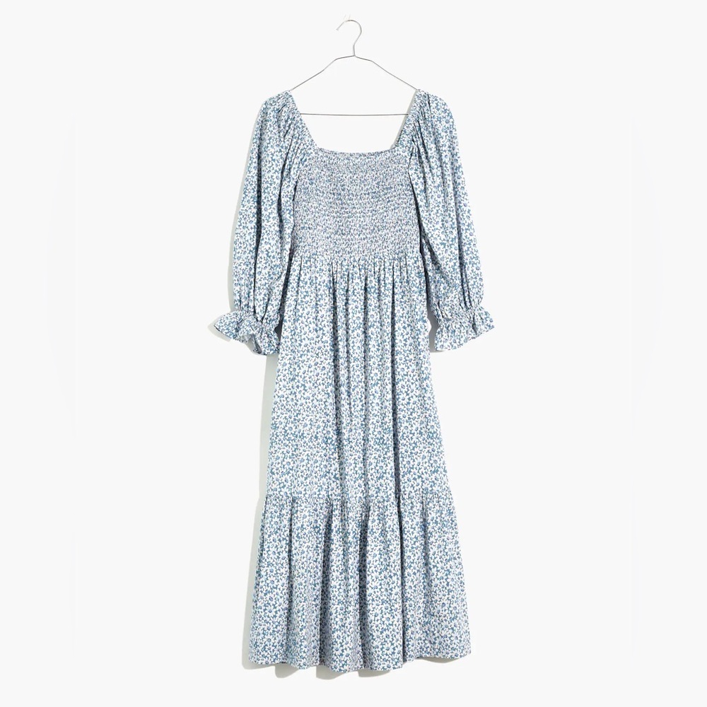 Lucie Elbow-Sleeve Smocked Midi Dress in Sunflower Field - Size S